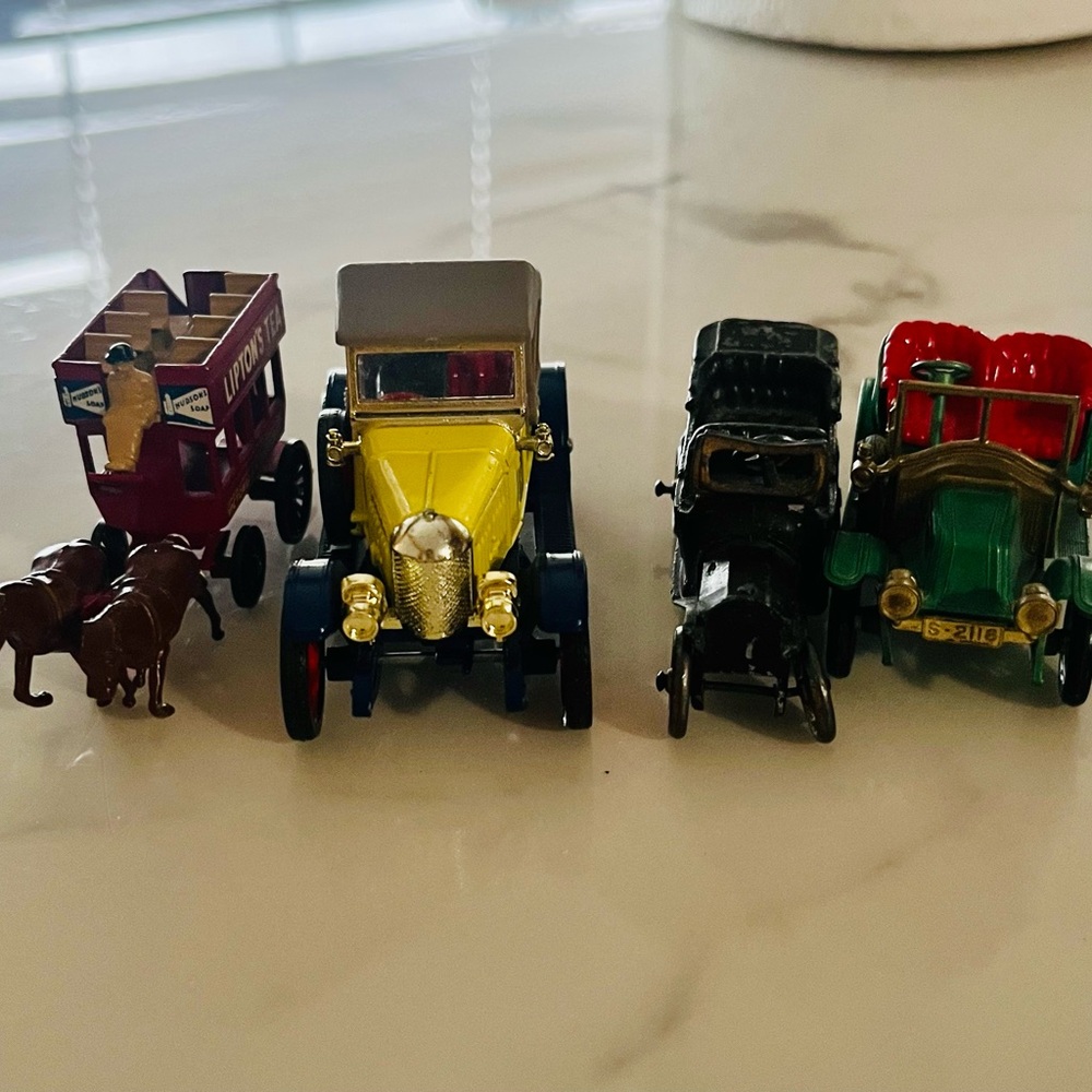 Classic Toy Car Collection with Yellow, Green, and Red Vehicles
